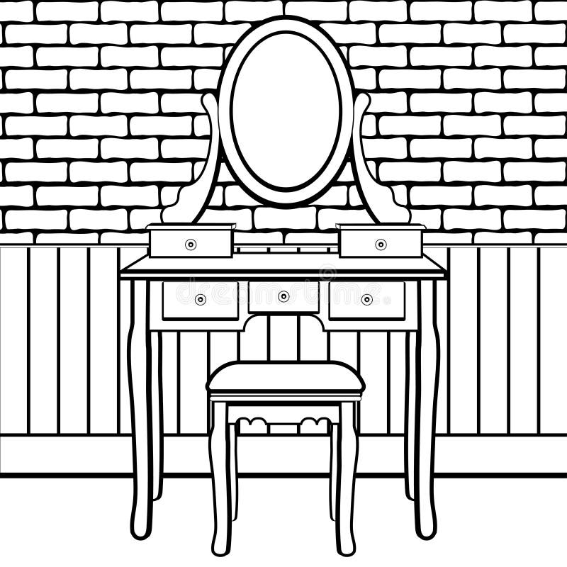 Dressing table with mirror, female boudoir for applying makeup, coloring, sketch, contour black and white drawing, vector illustra. Tion. Table with shelves and vector illustration