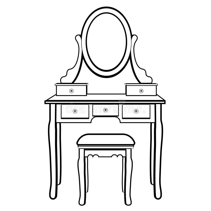 Dressing table with mirror, female boudoir for applying makeup, coloring, sketch, contour black and white drawing, vector illustra. Tion. Table with shelves and royalty free illustration