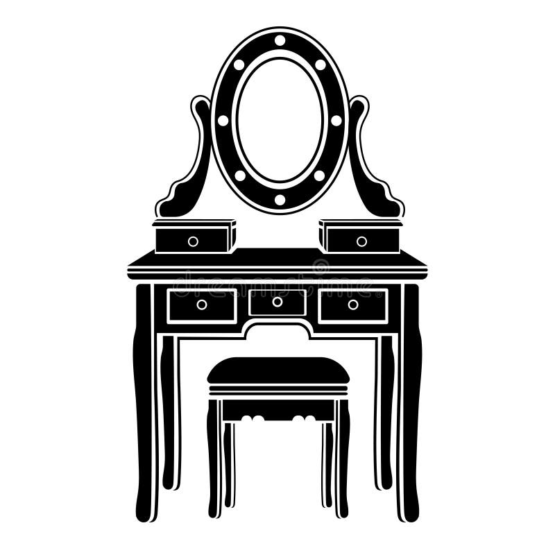 Dressing table with mirror icon, logo, female boudoir for makeup silhouette, black and white drawing, vector illustration. Table w. Ith shelves, mirror and chair royalty free illustration