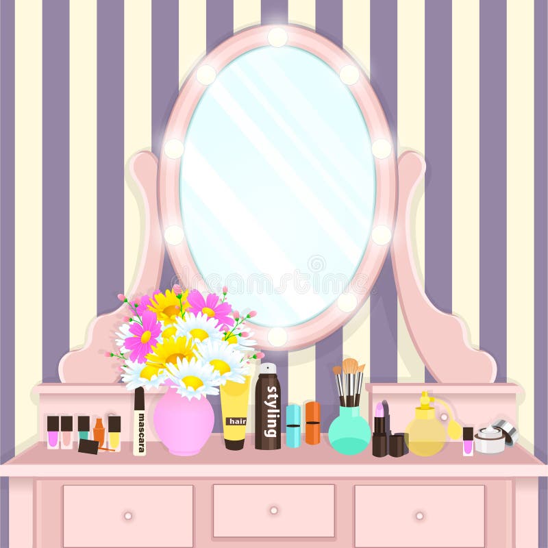 Dressing table with mirror with lights, female boudoir for applying makeup, flat drawing, vector illustration. Pink table and mirr. Or with light bulbs and with vector illustration