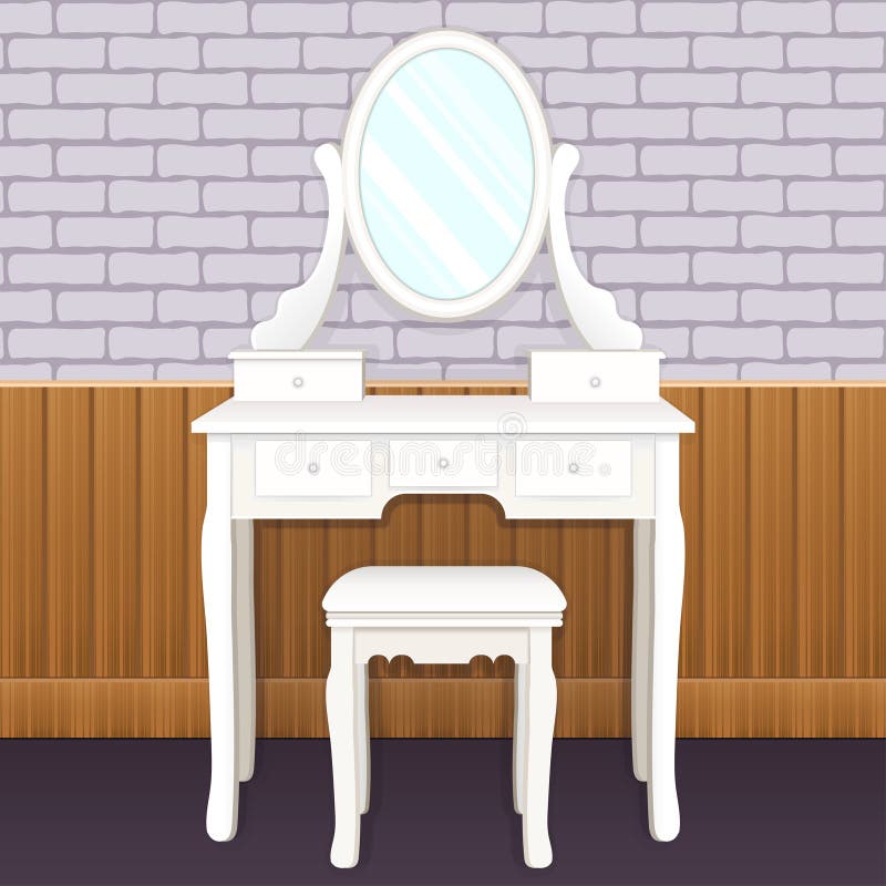 Dressing table with mirror with lights, female boudoir for applying makeup, flat drawing, vector illustration. White elegant table. With shelves and an oval royalty free illustration