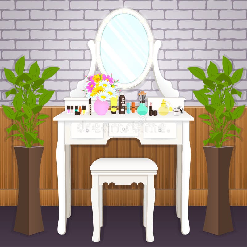 Dressing table with mirror with lights, female boudoir for applying makeup, flat drawing, vector illustration. White table and mir. Ror with light bulbs and with royalty free illustration