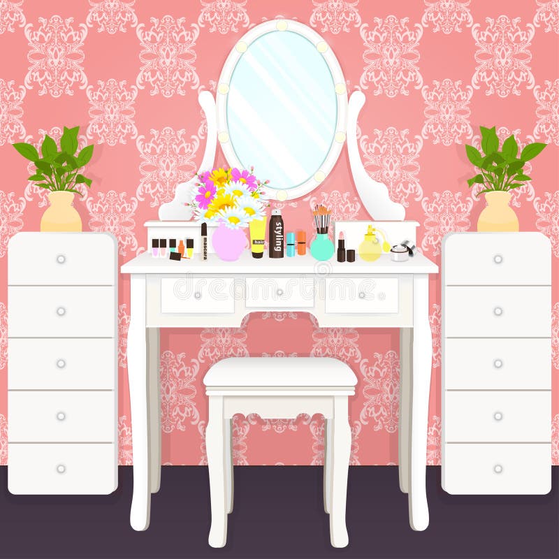 Dressing table with mirror with lights, female boudoir for makeup, flat drawing, vector illustration. White table and mirror with light bulbs and cosmetics in vector illustration