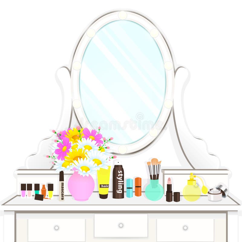 Dressing table with mirror with lights, female boudoir for makeup, flat drawing, vector illustration. White table and mirror with light bulbs and with cosmetic royalty free illustration