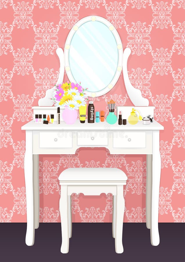 Dressing table with mirror with lights, female boudoir for makeup, flat drawing, vector illustration. White table and mirror with. Light bulbs and cosmetics in vector illustration