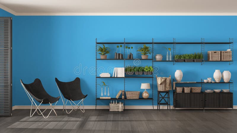 Eco gray and blue interior design with wooden bookshelf, diy vertical garden storage shelving, living, lounge relax area with arm stock photos