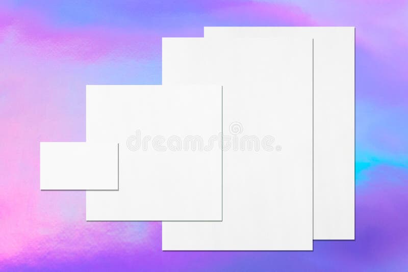 Empty white office stationery mockups on holographic background. Empty white office stationery mockups with soft shadows on holographic background. Flat lay, top stock illustration