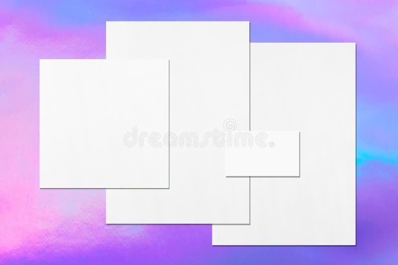 Empty white office stationery mockups on holographic background. Empty white office stationery mockups with soft shadows on holographic background. Flat lay, top royalty free illustration