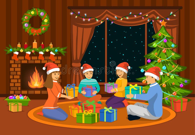 Family sitting in living room on the floor at fireplace and decorated christmas tree, exchanging xmas presents. Happy Family, man, woman parents and kids royalty free illustration