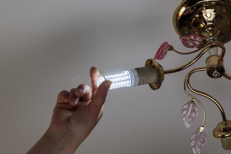 Female hand inserts a light bulb into the threaded socket. she is shining. Installation of household LED lamps of corn type, in. The lamp holder, there is a royalty free stock photography