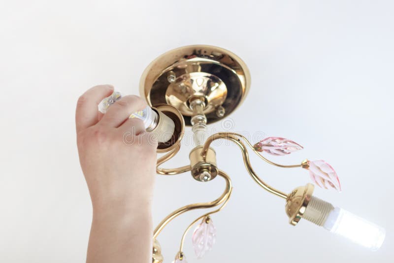 Female hand inserts a light bulb into the threaded socket. she is shining. Installation of household LED lamps of corn type, in. The lamp holder, there is a stock image