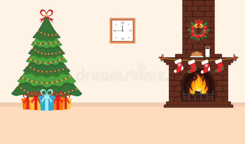 Festive design of the room. Brick fireplace, Christmas wreath, milk and cookies for Santa, festive decorated tree and gifts. Illus royalty free illustration