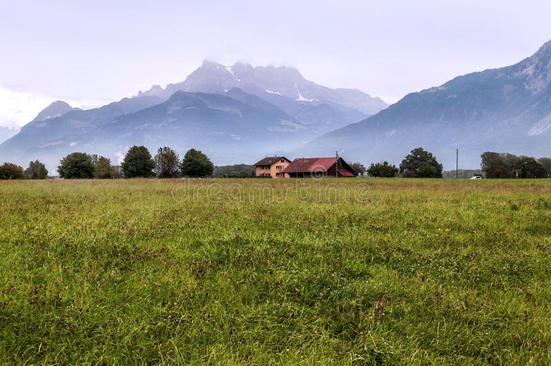 Fields in the swiss Alps. In a valley, in the background are mountains with snow on a cloudy day royalty free stock photo