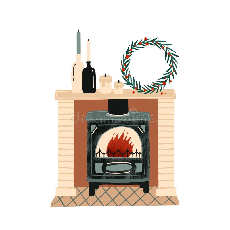 Fireplace with Christmas decorations flat vector illustration. New Year festive atmosphere. Home coziness. Decorated. Xmas mantelpiece, room interior item vector illustration