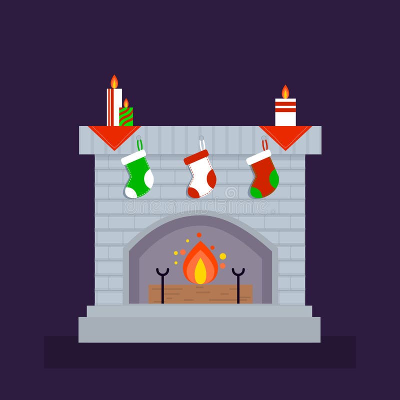 Fireplace, flat vector.Christmas, decorated with socks and candles. Fireplace, flat vector.Christmas, decorated with socks and candles for decoration.EPS format vector illustration