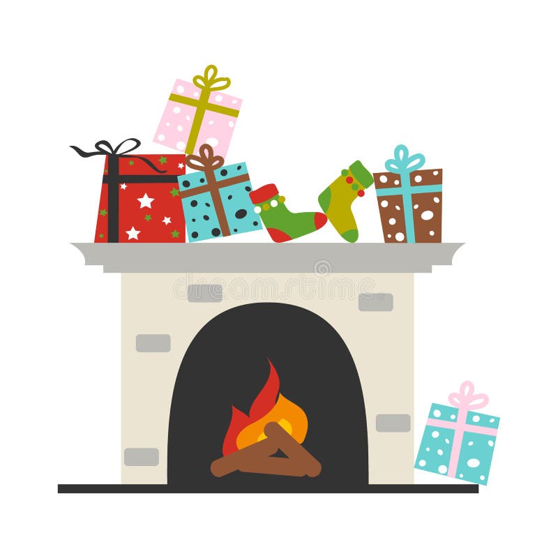 Fireplace with gift box and socks. Merry Christmas and  happy new year decoration vector royalty free illustration