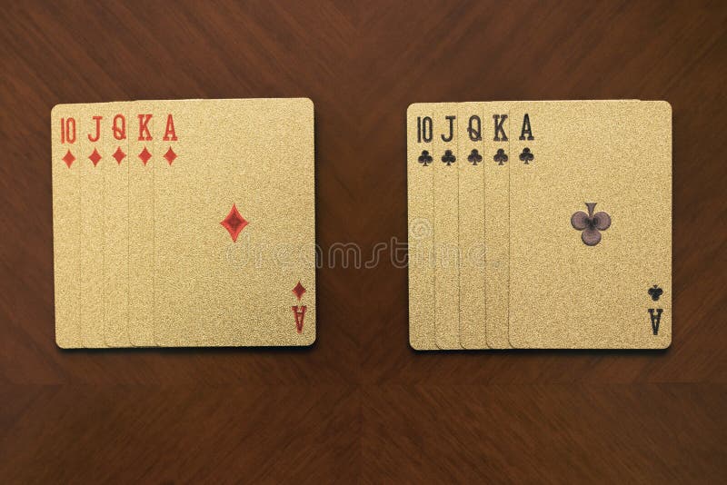 Five playing cards of the same suit, flash royal card combination, two gold card combinations,. Quads of aces royalty free stock photo