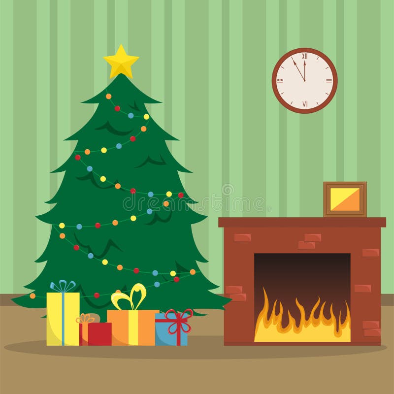 Flat New Year`s vector illustration with a Christmas tree, stock illustration