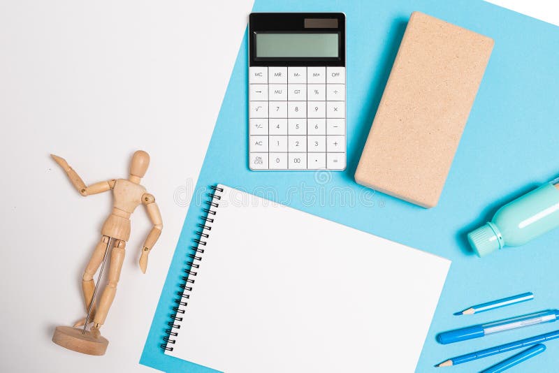 Flat view of the office desk with a creative arrangement of items for the desktop.  stock photo