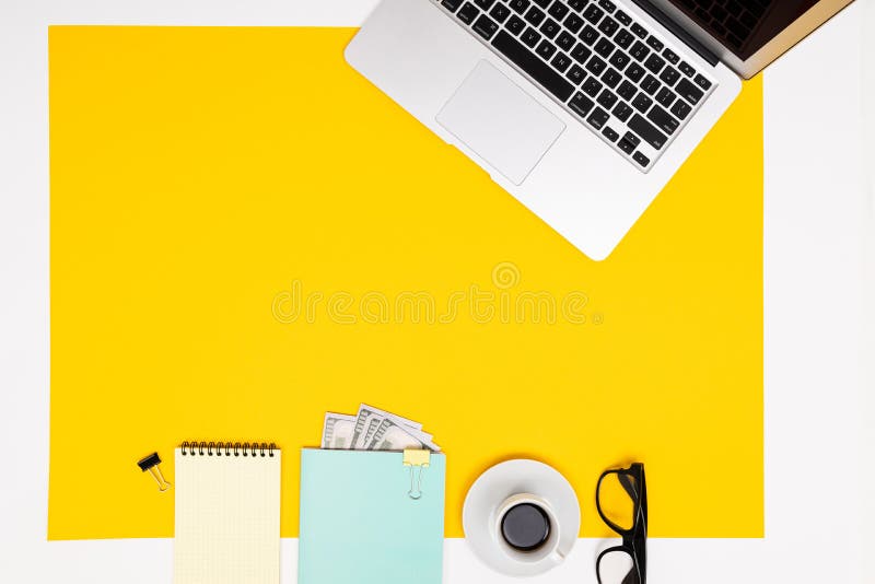 Flat view of the office desk with a creative arrangement of items for the desktop.  royalty free stock photo