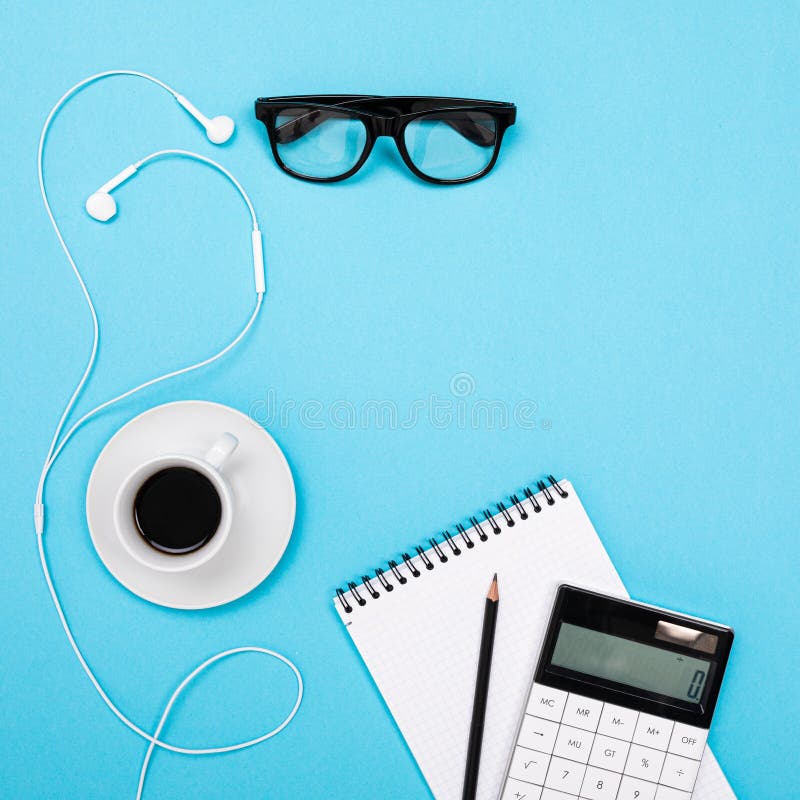 Flat view of the office desk with a creative arrangement of items for the desktop.  royalty free stock photo