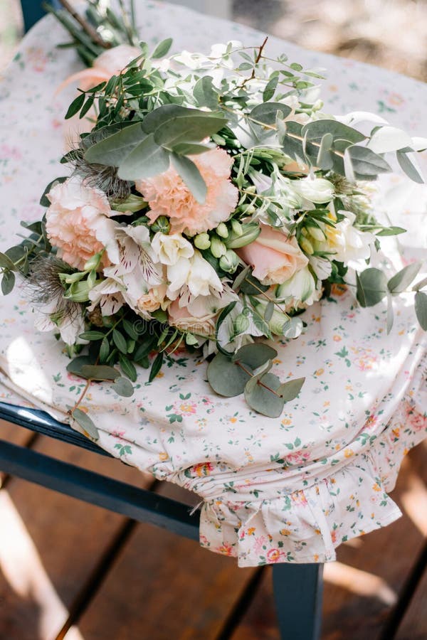 Flower arrangement with roses in provence style at the wedding, event. Bouquet stock photos