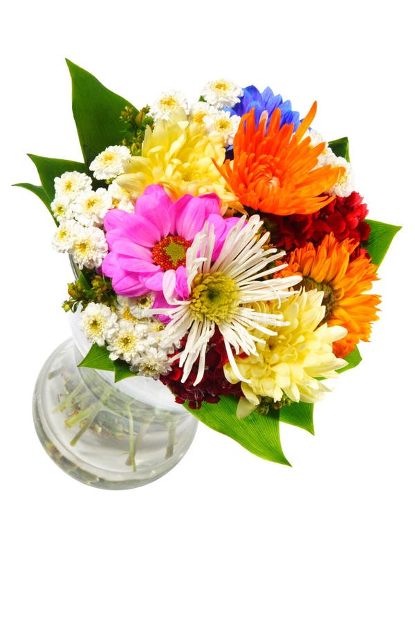 FLOWERS VASE. Beautiful colourful bouquet of flowers in a transparent glass vase stock image