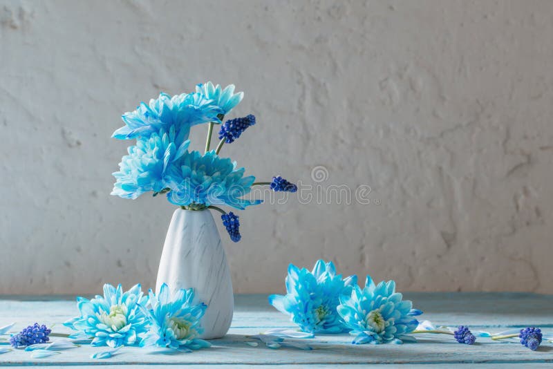 Flowers in vase on white grunge background. Blue flowers in vase on white grunge background royalty free stock photography
