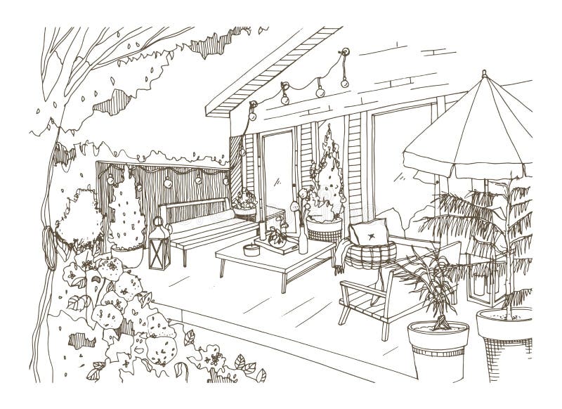 Freehand sketch of backyard patio or terrace furnished in Scandic hygge style. House veranda with trendy modern. Furniture hand drawn with contour lines on stock illustration