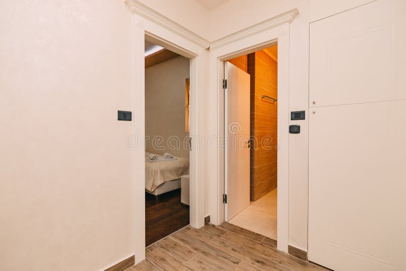 The front door to the room. Corridor in the apartment. The front door to the room stock images