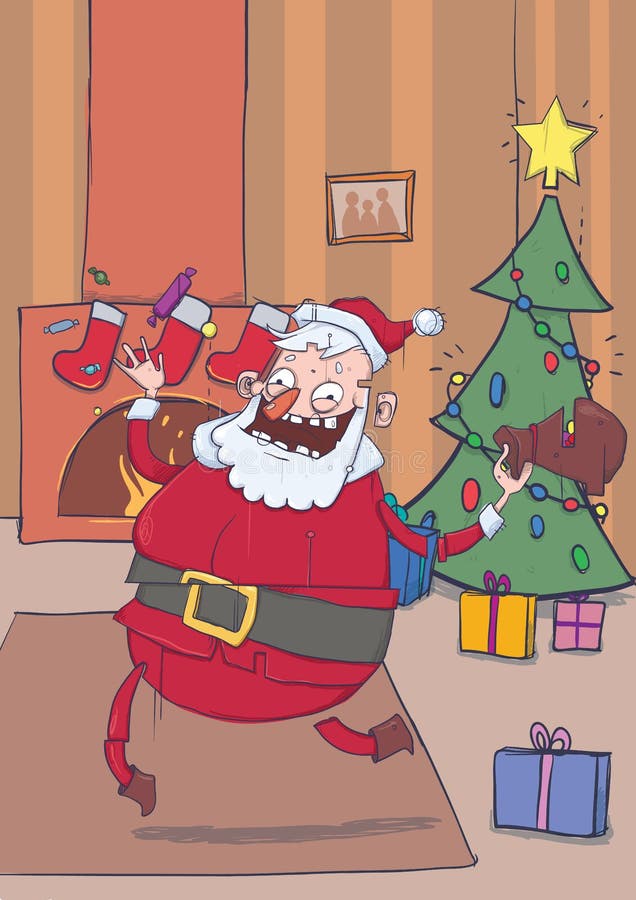 Funny smiling Santa Claus brings gifts and throws candies in the air. Christmas decorated room with fireplace, stockings. Funny smiling Santa Claus brings gifts vector illustration