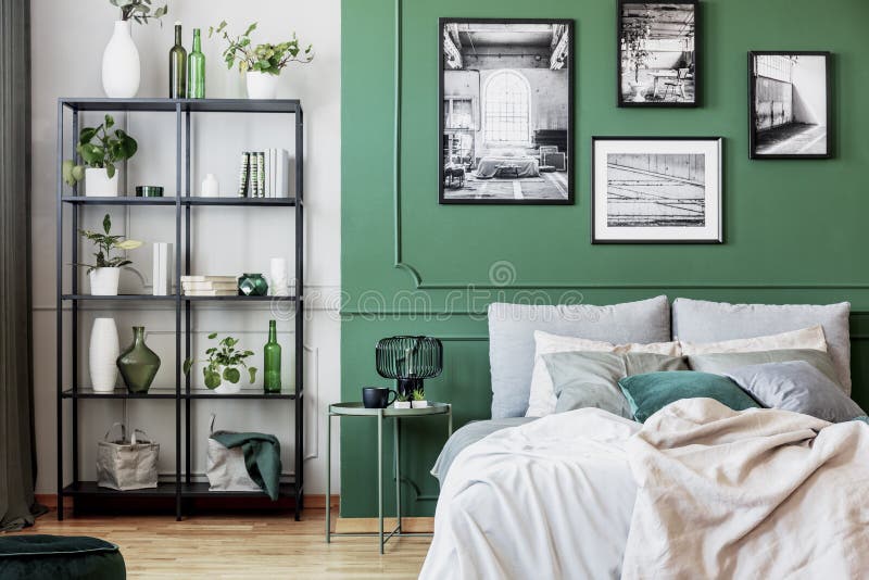 Gallery of black and white poster on green wall behind king size bed with pillows and blanket stock photo