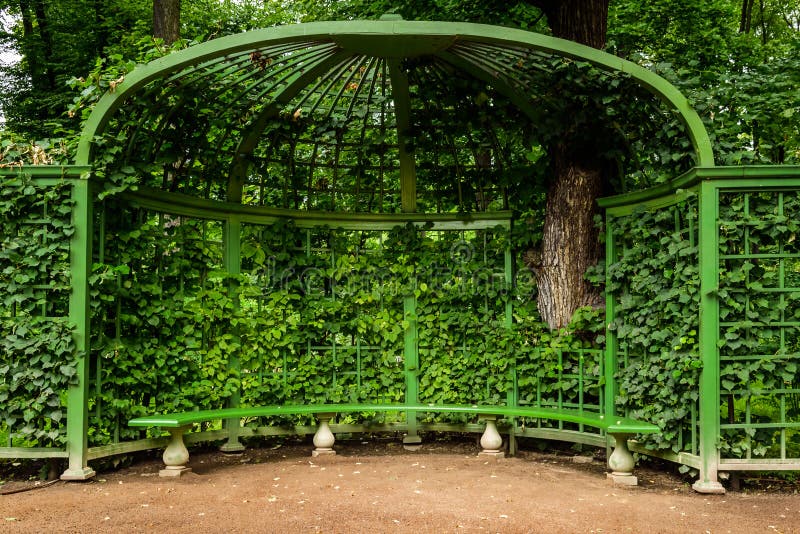 gazebo with bench in Park Summer Garden, St.Petersburg, Russia. royalty free stock photos