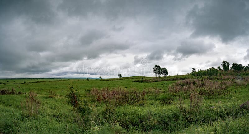 Green hills with rare trees and gray sky with storm clouds. Summer landscape stock photo Green hills with rare trees and gray sky with storm clouds. Summer landscape stock photo