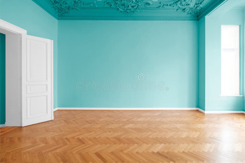 Green painted room, apartment renovation with colorful walls.  stock photos