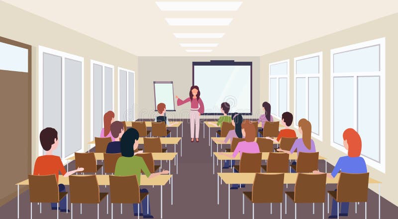 Group of students listening female teacher training presentation modern meeting conference room interior lecture seminar royalty free illustration