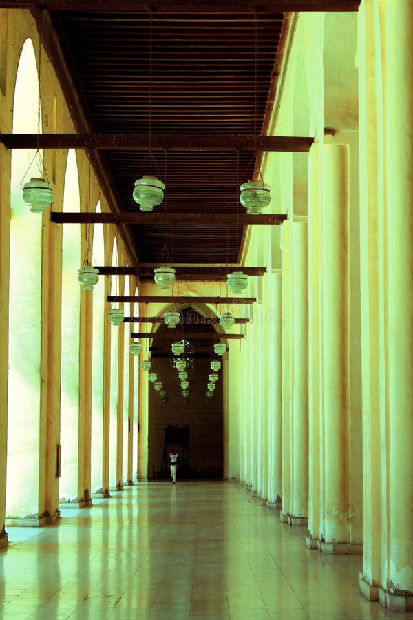The hallway with pillars along side in el Hakim bi amr Allah mosque in Cairo royalty free stock image