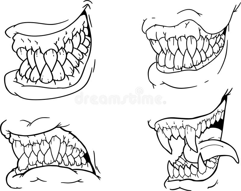 Hand drawing set of black and white scary Halloween jaws, canines, teeth, terrible snouts, monsters royalty free illustration