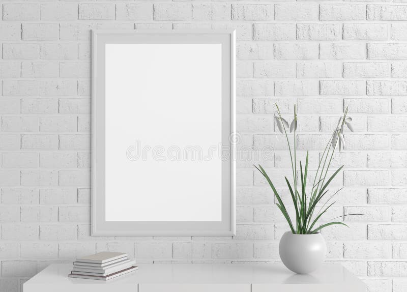 Home interior poster frame mock up on white brick wall. 3d illus. Tration royalty free stock photo