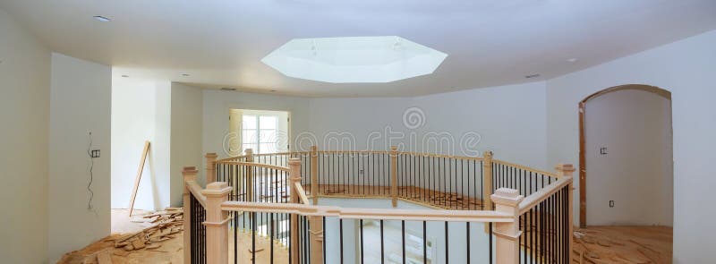 New home construction staining with stains with wood railings royalty free stock images
