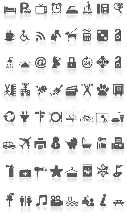 Hotel Icons Collection Black on White. Illustration featuring collection of 64 grey black hotel icons or symbols with reflection isolated on white background stock illustration
