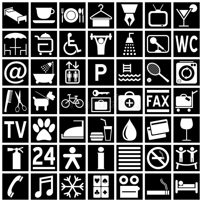 Hotel Icons - White on Black. Collection of 49 white hotel icons (or symbols) isolated on black background. Eps file available stock illustration