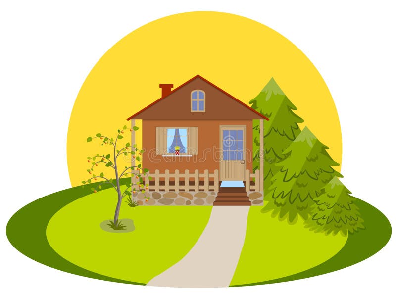 House with veranda. Rural landscape, house with veranda, three spruce and an apple-tree in the yard against the rising sun, isolated on white background, vector stock illustration