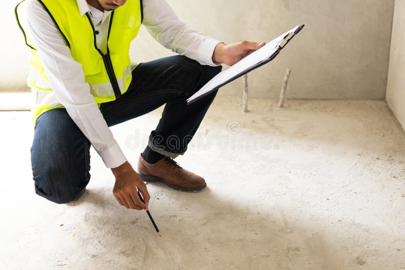 Inspector holding clipboard opening paper and checking building for renovation, engineer surveyor looking in construction site. stock image