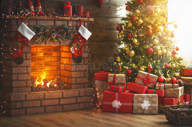 Interior christmas. magic glowing tree, fireplace, gifts. Interior christmas. magic glowing tree, fireplace and gifts royalty free stock images