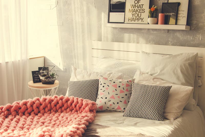 Interior of cozy bedroom in modern design stock photo