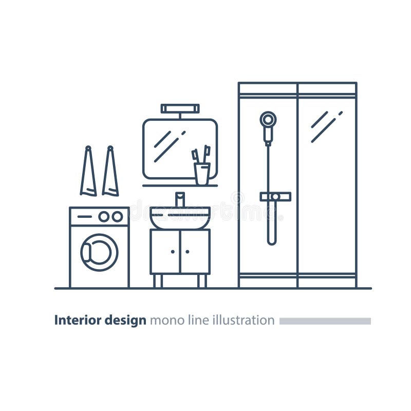 Bathroom design plan, facility items, washing mashine and shower stand stock illustration