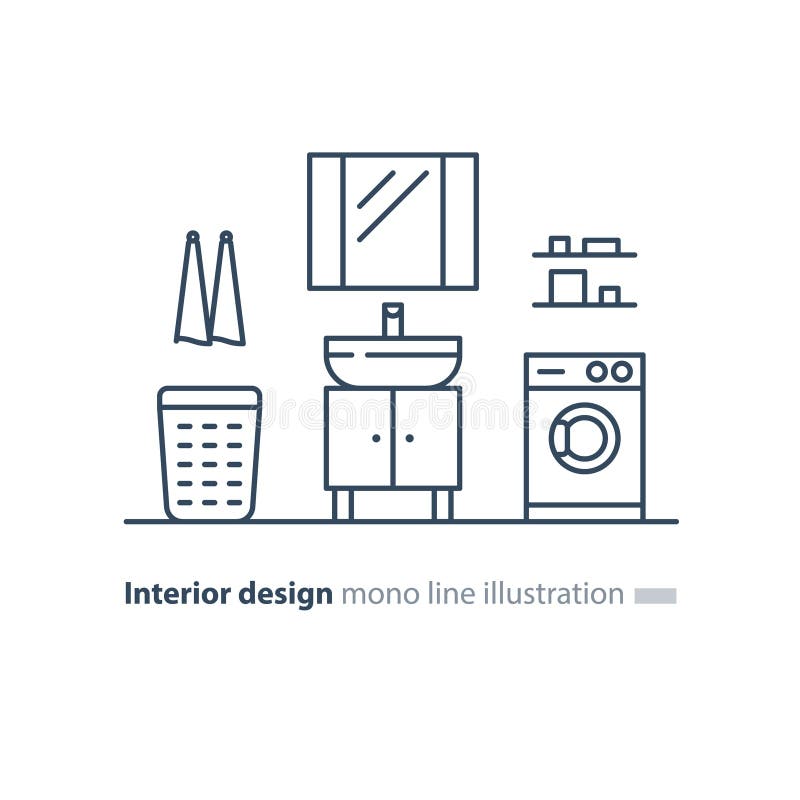 Bathroom design plan, facility items, washing mashine and sink vector illustration