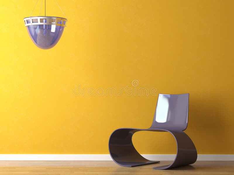 Interior design modern purple chair on orange wall. Interior design scene of modern purple plastic chair and lamp on orange wall royalty free stock photography