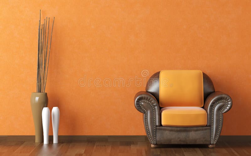 Interior design orange wall. Interior design scene brown leather couch on a orange wall background with vases and copy space royalty free stock image